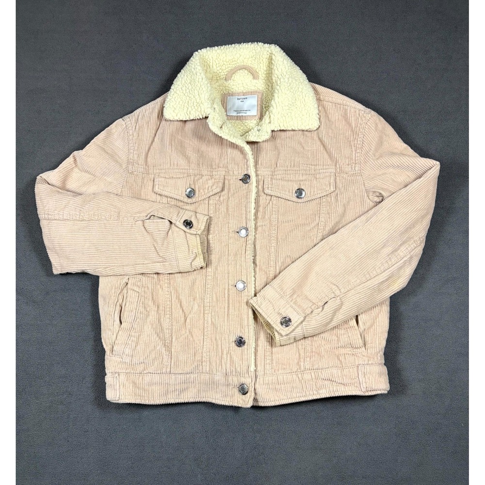 Bershka Trucker Jacket Womens XS Pale Pink Corduroy Sherpa Lined Warm Winter